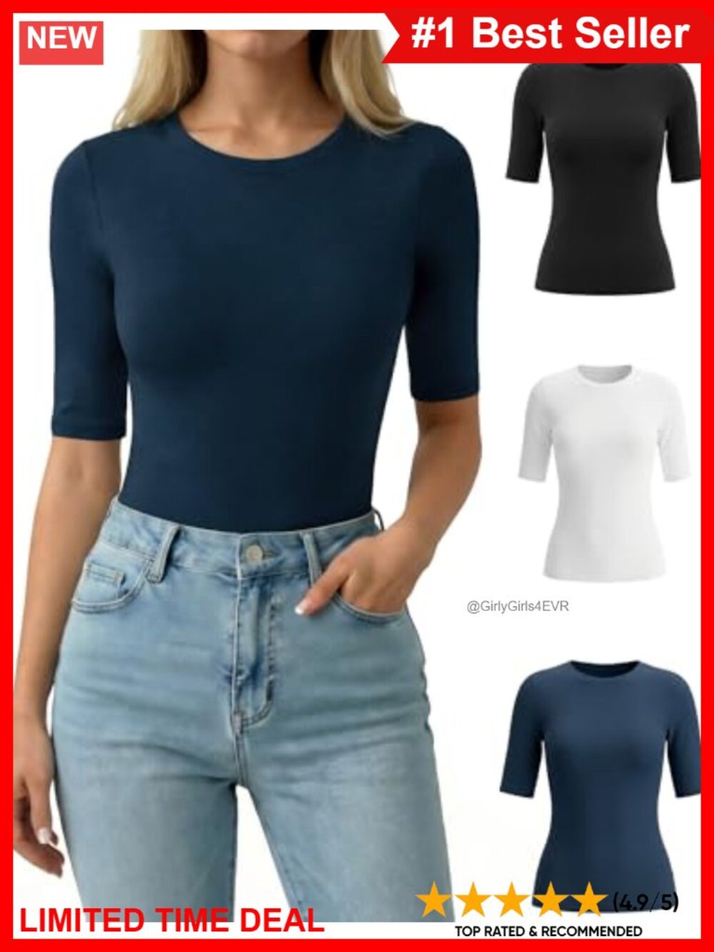 MANGOPOP Half Sleeve Slim Fit Crew Neck Casual Top